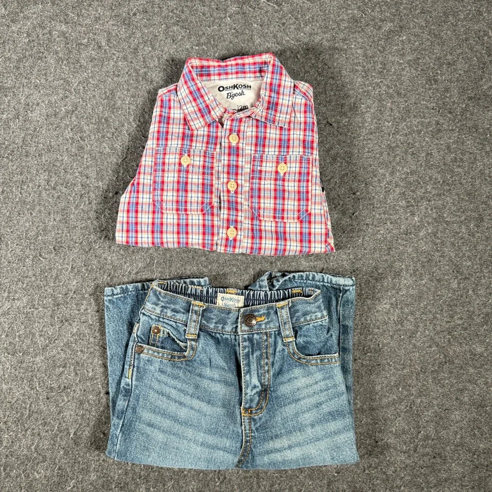 OshKosh Bgosh Baby Boys 12M Plaid Bodysuit and Denim Jeans 2pc Outfit Set